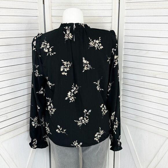 J. Crew Floral Smocked Ruffle Trim Blouse Black Tan Large - Picture 4 of 12